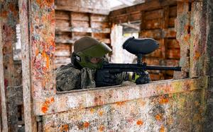 A competitor gets ready to play capture the flag at the Paintball Arena in Cheb, Czech Republic.