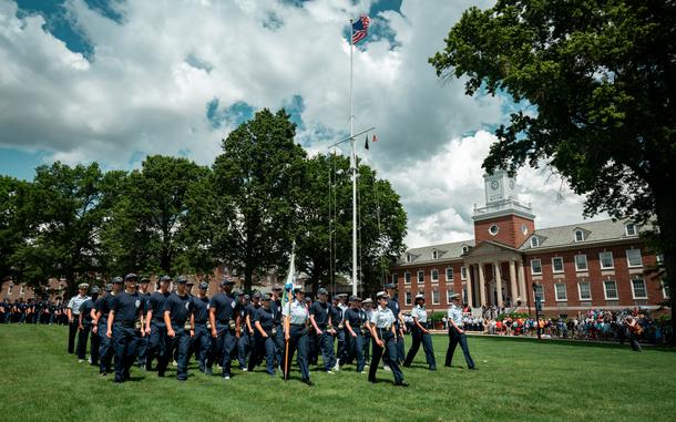 Members of the Coast Guard Academy Class of 2028 march during Day One at the Academy, New London, July 1st 2024. Day One marks the official start of the Coast Guard Academy Cadet program, a 200 week journey towards a commission as an officer. (U.S. Coast Guard photo by Petty Officer 3rd Class Matt Thieme)