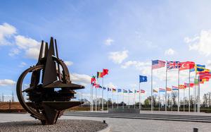 NATO countries’ flags fly at alliance headquarters in Brussels.